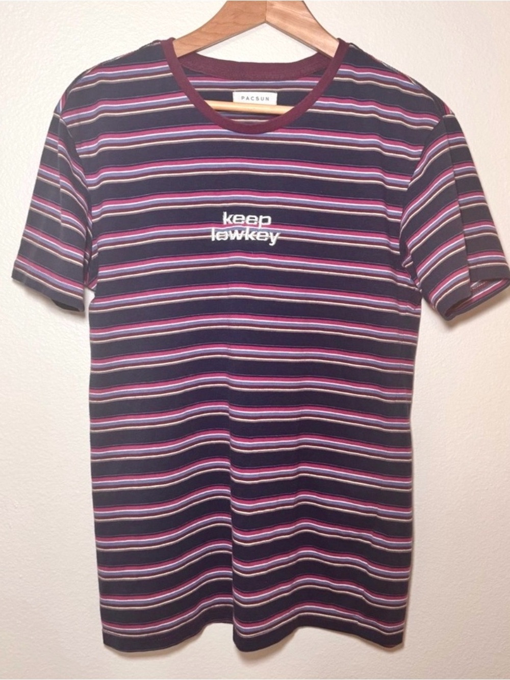 PacSun Striped Keep Lowkey Embroidered Tee Navy Cotton Blend Streetwear